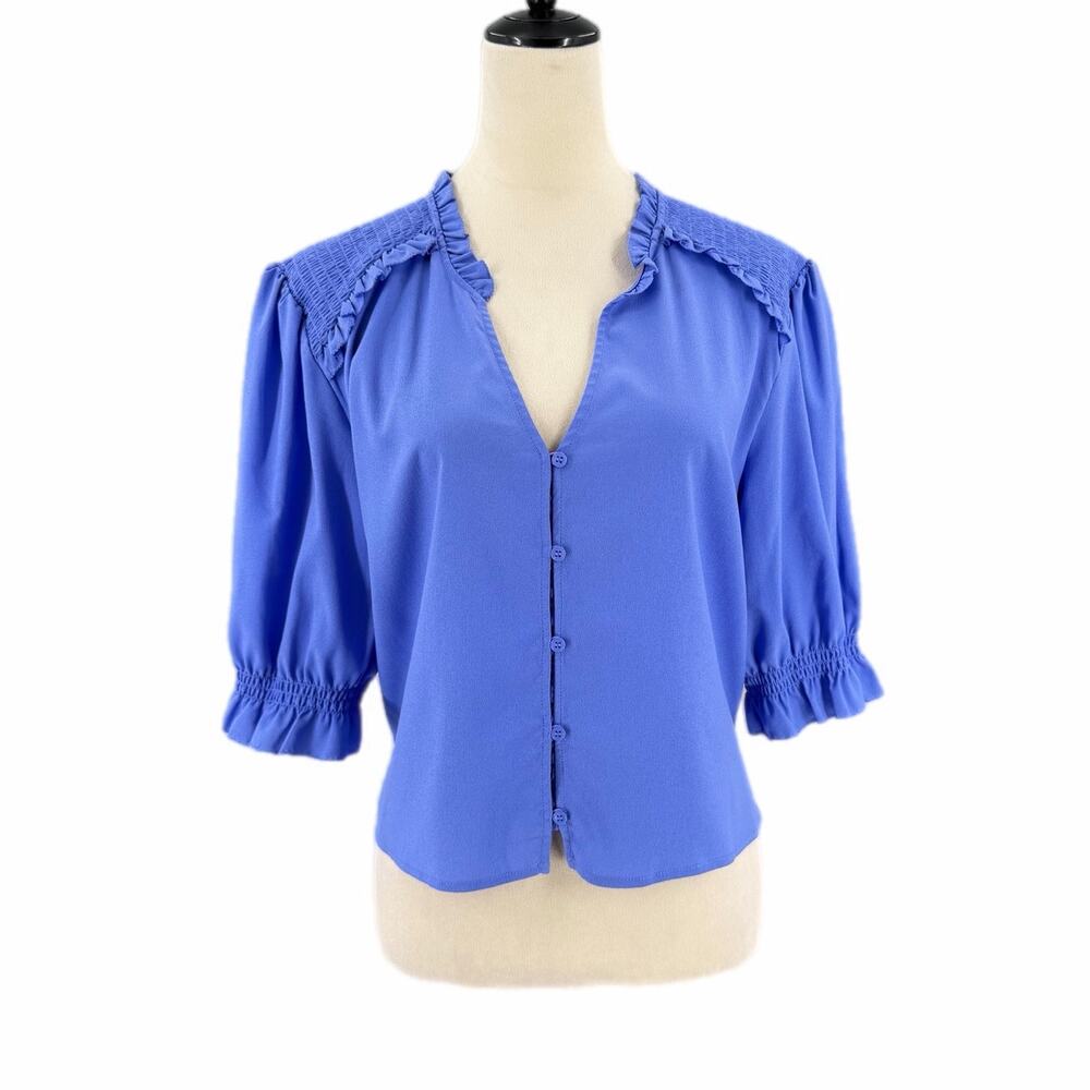 French Connection NEW Periwinkle Blue Smocked Cottagecore Whimsy Workwear Blouse
